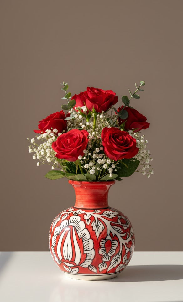 Handcrafted Floral Ceramic Vase | Hand- Painted Decorative Flower Vase For Home Decor
