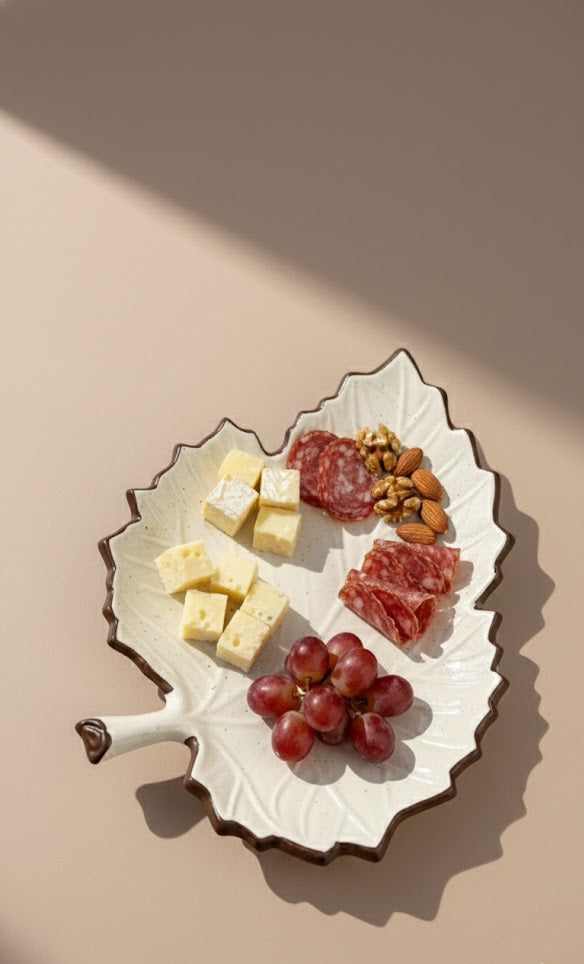 Handcrafted Leaf-Shaped Ceramic Snack Platter | Elegant Serving Tray For Snacks & Starters