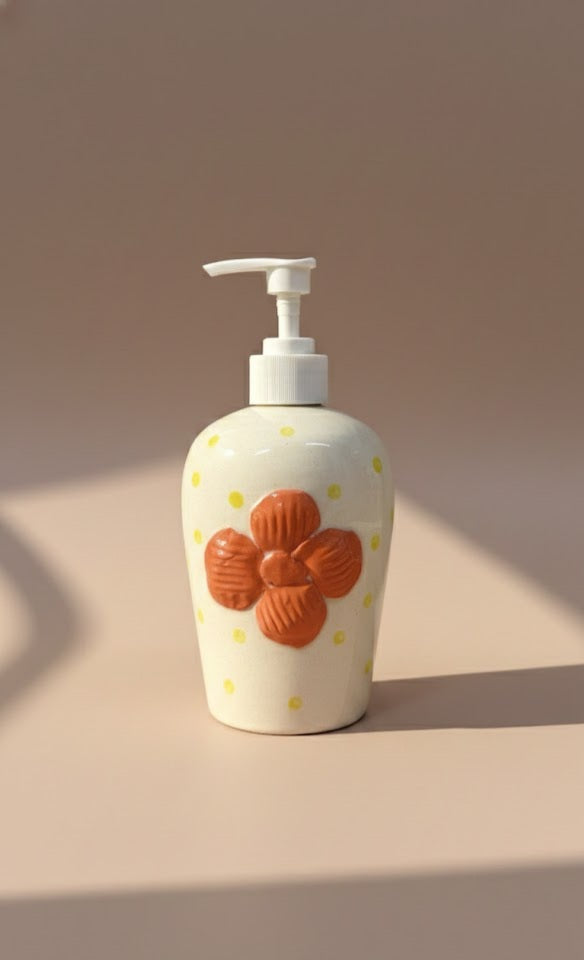 Handcrafted Ceramic Soap Dispenser With Floral & Heart Design | Bathroom & Kitchen Liquid Soap Pump