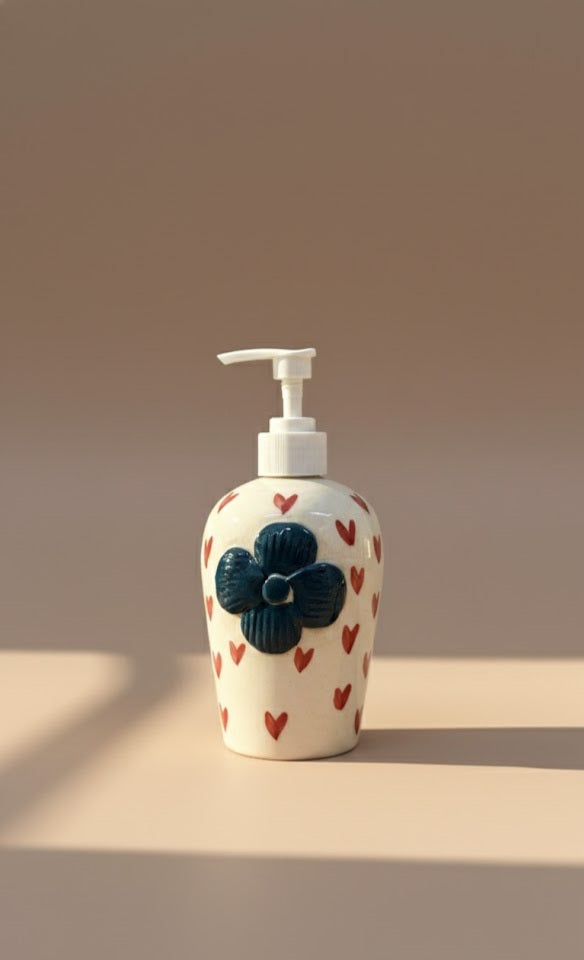 Handcrafted Ceramic Soap Dispenser With Floral & Heart Design | Bathroom & Kitchen Liquid Soap Pump