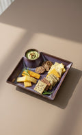 Handcrafted Square Ceramic Snack Platter With Dip Bowl | Designer Serving Tray For Snacks & Starters