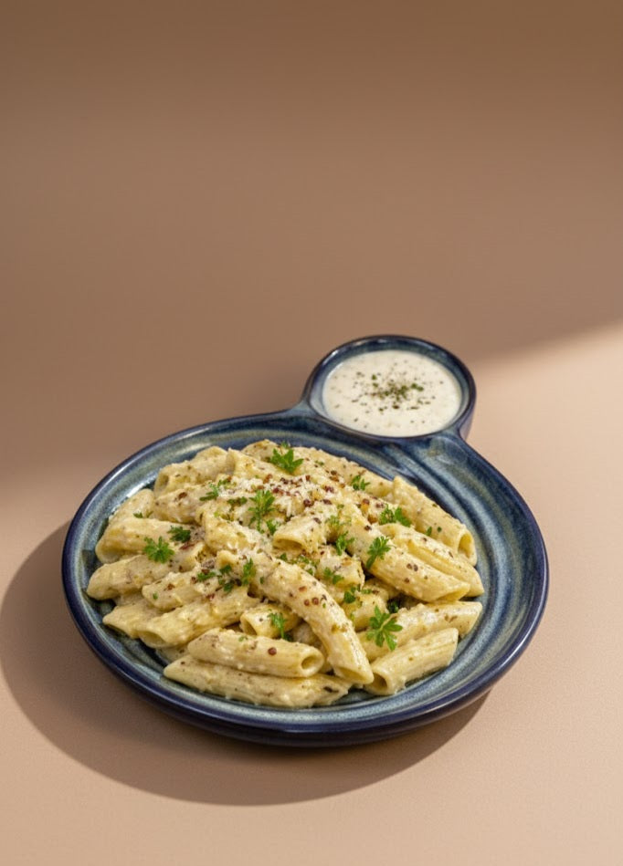 Handcrafted Ceramic Pasta Platter With Sauce Dip Bowl | Designer Serving Plate For Pasta & Snacks