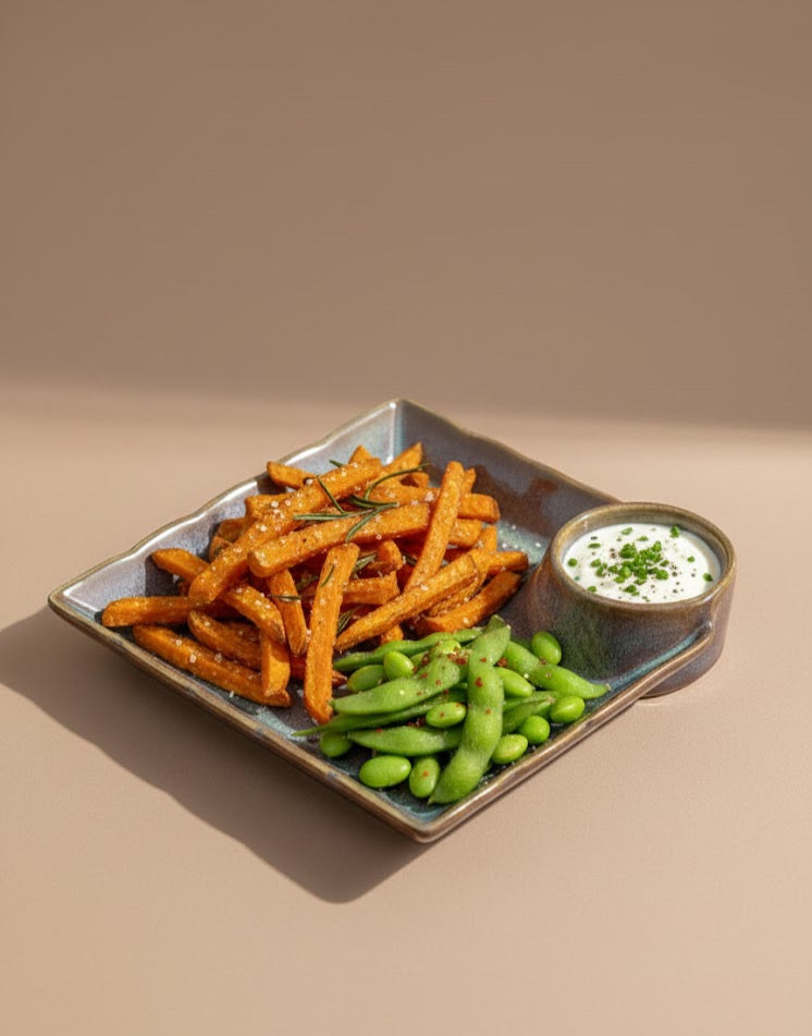 Handcrafted Square Ceramic Snack Platter With Dip Bowl | Designer Serving Tray For Snacks & Starters