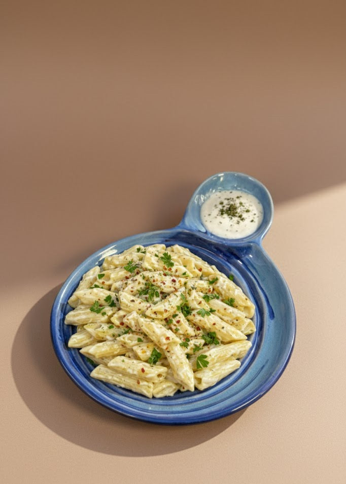 Handcrafted Ceramic Pasta Platter With Sauce Dip Bowl | Designer Serving Plate For Pasta & Snacks
