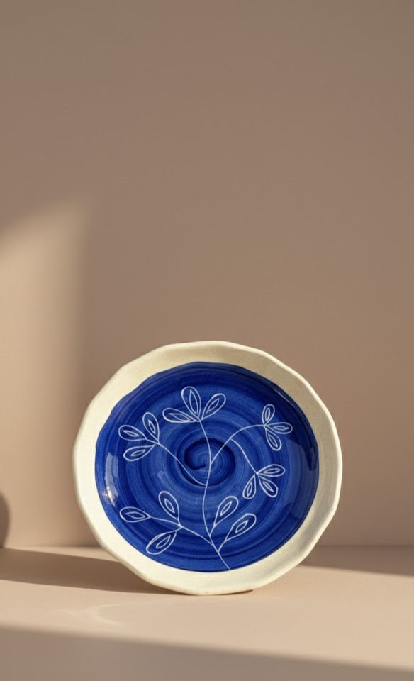 Handcrafted Botanical Ceramic Plate | Cream & Green Leaf Design Serving Plate