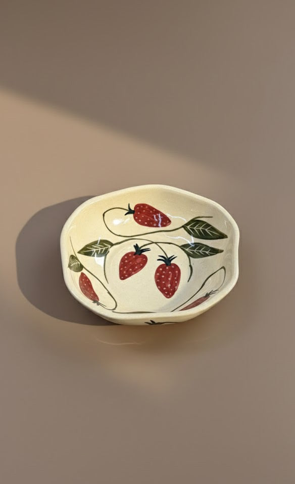Handcrafted Strawberry Ceramic Salad Bowl | Cream Glaze Fruit Motif Serving Bowl