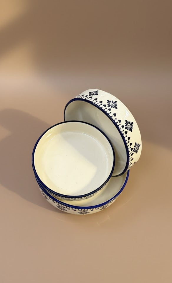 Set Of 3 Handcrafted Ceramic Salad Bowls | Yellow & White Patterned Serving Bowls