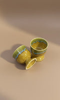 Handcrafted Ceramic Dessert Bowls | Green & Mustard Glazed Footed Cups