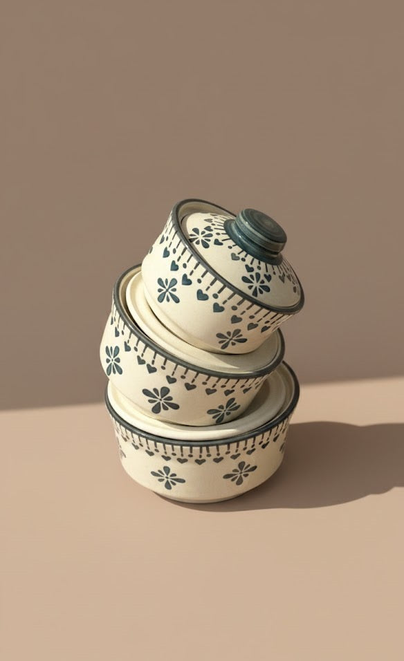 Set Of 3 Handcrafted Ceramic Donga With Lid | Floral  Pattern Storage & Serving Bowls