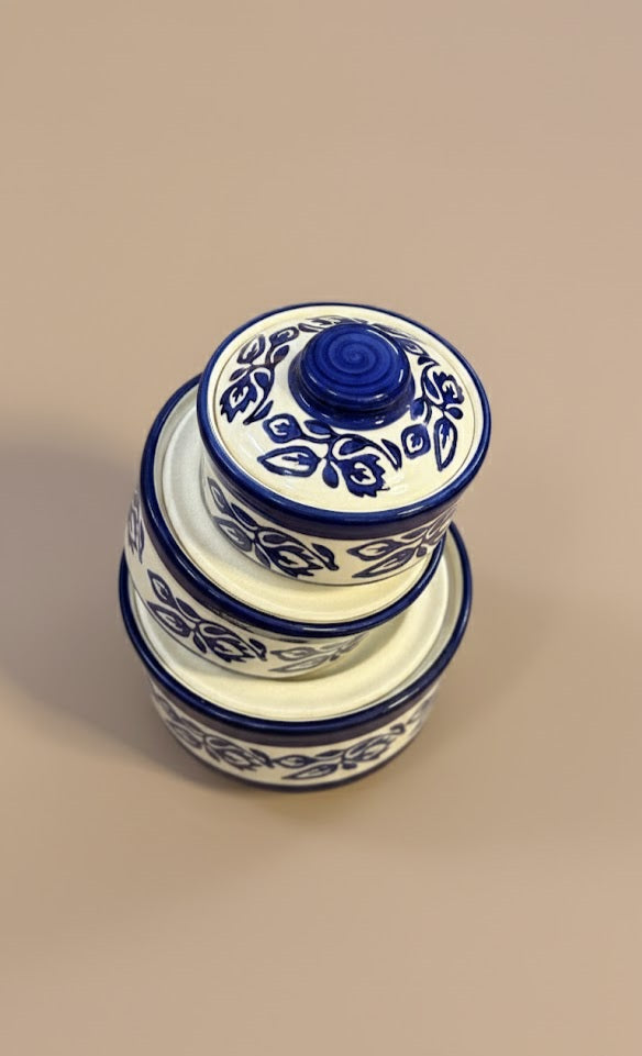 Set Of 3 Handcrafted Ceramic Donga With Lid | Floral  Pattern Storage & Serving Bowls