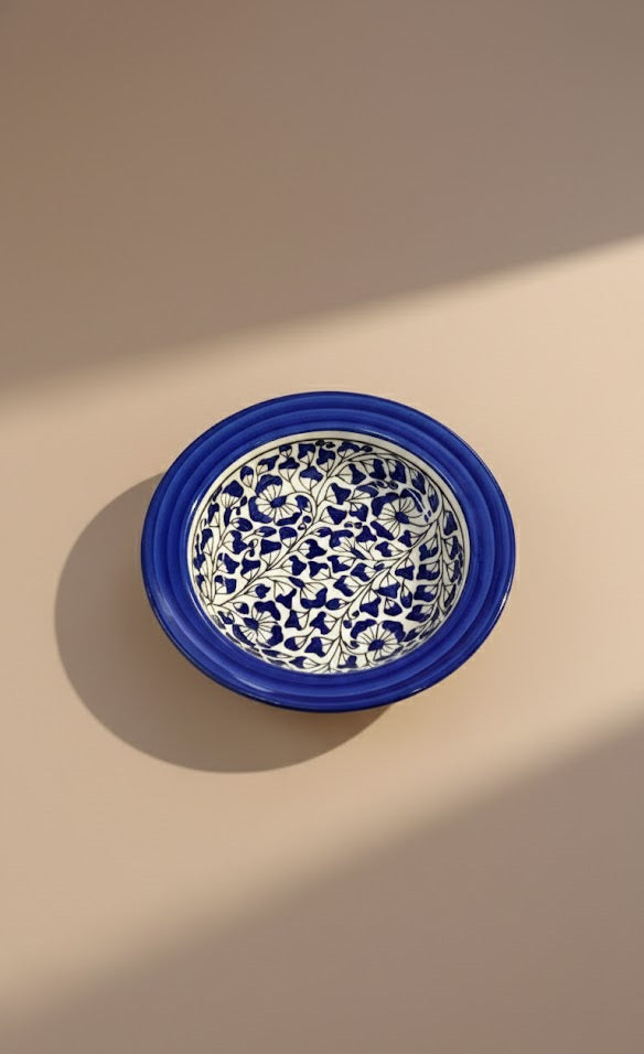 Handcrafted Blue & White Ceramic Pasta Bowl | Floral Glazed Serving Bowl