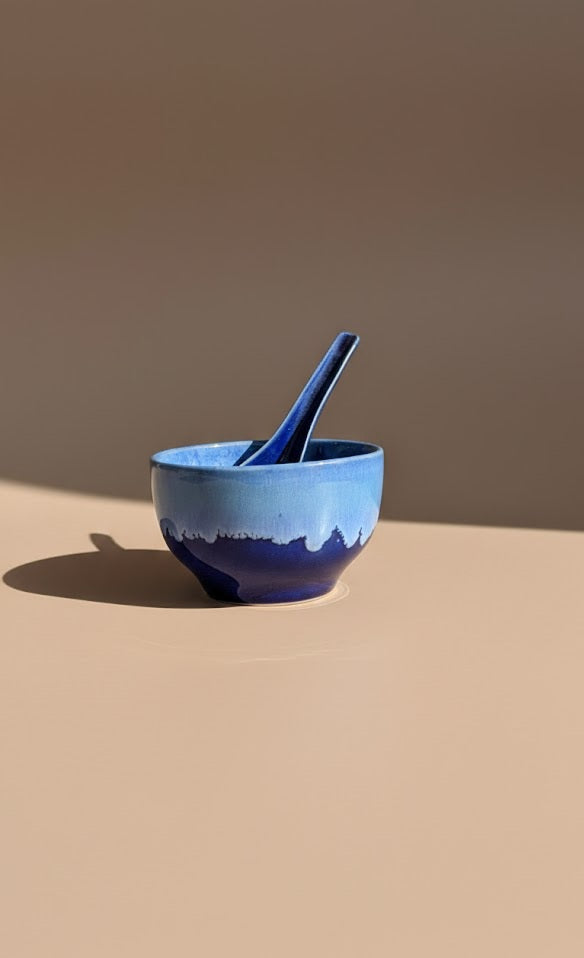 Handcrafted Blue Ceramic Soup With Spoon | Premium Glazed Stoneware Serving Bowl