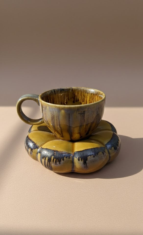 Handcrafted Pink Ceramic Cup & Saucer Set With Metallic Drip Glaze | Luxury Tea & Coffee Cup