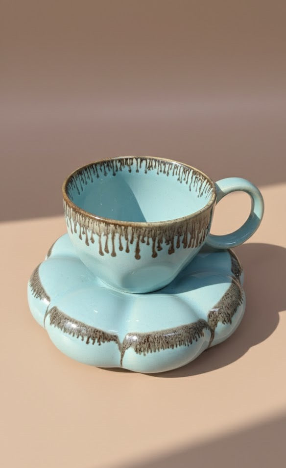 Handcrafted Pink Ceramic Cup & Saucer Set With Metallic Drip Glaze | Luxury Tea & Coffee Cup