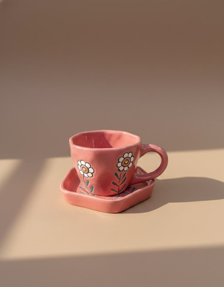 Handcrafted Blue Ceramic Cup & Saucer Set With Floral Motif | Artisan Coffee & Tea Cup