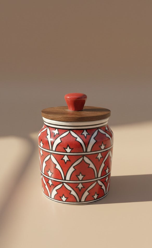 Handcrafted Ceramic Storage Jar With Wooden Lid (450 ML) Each Jar| Decorative Kitchen Canister