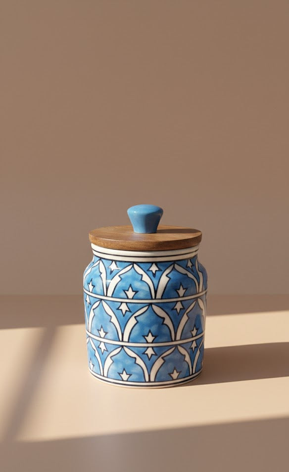 Handcrafted Ceramic Storage Jar With Wooden Lid (450 ML) Each Jar| Decorative Kitchen Canister