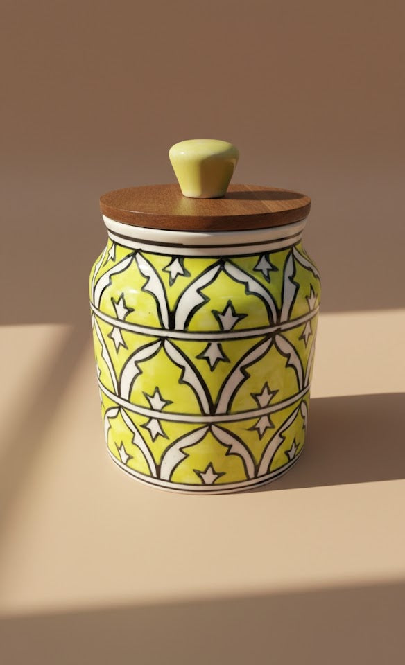 Handcrafted Ceramic Storage Jar With Wooden Lid (450 ML) Each Jar| Decorative Kitchen Canister