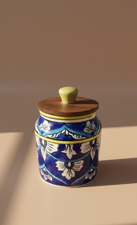 Handcrafted Ceramic Storage Jar With Wooden Lid (450 ML) Each Jar| Decorative Kitchen Canister