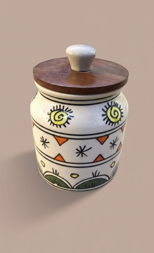 Handcrafted Ceramic Storage Jar With Wooden Lid (450 ML) Each Jar| Decorative Kitchen Canister