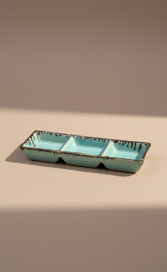 Handcrafted Ceramic Triple Dripper Tray | 3-Section Sauce,Dip & Condiment Server