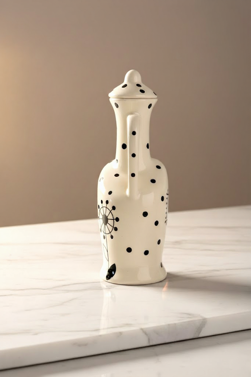 Handcrafted Ceramic Oil & Vinegar Bottle with Handle- Elegant Black & White Designer Dispenser